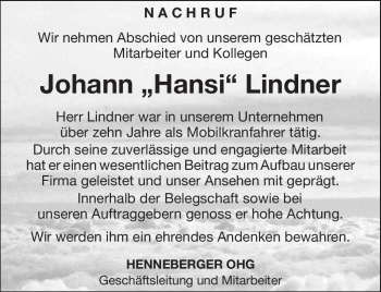 Traueranzeige von Johann Lindner von Südthüringer Presse