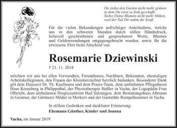 Traueranzeige von Rosemarie Dziewinski von Südthüringer Presse