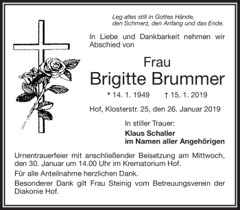 Traueranzeige von Brigitte Brummer von Frankenpost