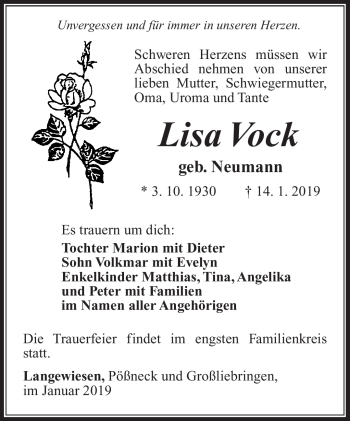 Traueranzeige von Lisa Vock von Südthüringer Presse