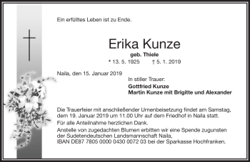 Traueranzeige von Erika Kunze von Frankenpost