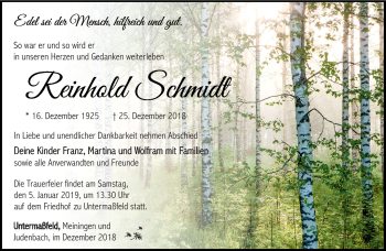 Traueranzeige von Reinhold Schmidt von Südthüringer Presse