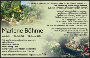 Traueranzeige von Helene Böhme von Südthüringer Presse