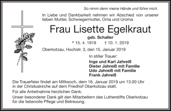 Traueranzeige von Lisette Egelkraut von Frankenpost