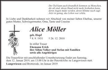 Traueranzeige von Alice Möller von Südthüringer Presse