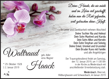 Traueranzeige von Waltraud Haack von Südthüringer Presse