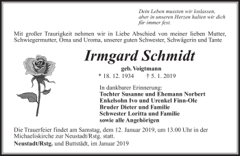 Traueranzeige von Irmgard Schmidt von Südthüringer Presse