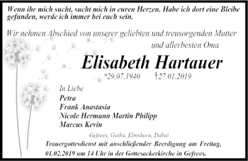 Traueranzeige von Elisabeth Hartauer von Frankenpost