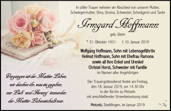 Traueranzeige von Irmgard Hoffmann von Südthüringer Presse
