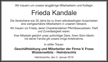 Traueranzeige von Frieda Kandale von Frankenpost