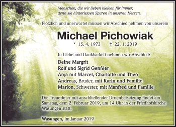 Traueranzeige von Michael Pichowiak von Südthüringer Presse