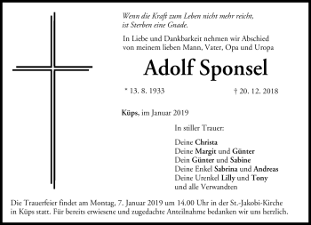 Traueranzeige von Adolf Sponsel von Neue Presse Coburg