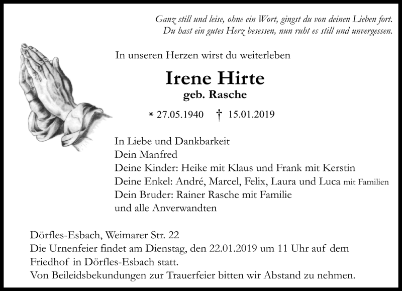  Traueranzeige für Irene Hirte vom 19.01.2019 aus Neue Presse Coburg