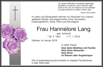 Traueranzeige von Hannelore Lang von Frankenpost
