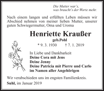 Traueranzeige von Henriette Kraußer von Südthüringer Presse