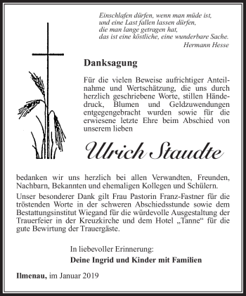 Traueranzeige von Ulrich Staudte von Südthüringer Presse