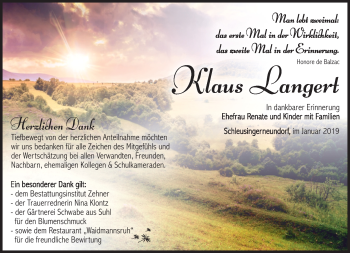 Traueranzeige von Klaus Langert von Südthüringer Presse