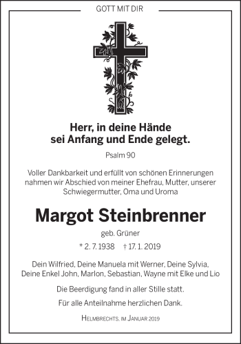 Traueranzeige von Margot Steinbrenner von Frankenpost