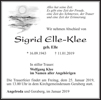 Traueranzeige von Sigrid Elle-Klee von Südthüringer Presse