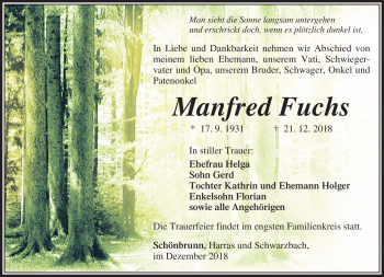 Traueranzeige von Manfred Fuchs von Südthüringer Presse