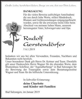 Traueranzeige von Rudolf Gerstendörger von Südthüringer Presse