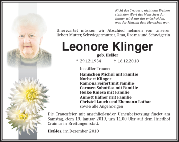 Traueranzeige von Leonore Klinger von Südthüringer Presse