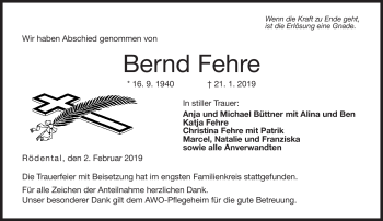 Traueranzeige von Bernd Fehre von Neue Presse Coburg