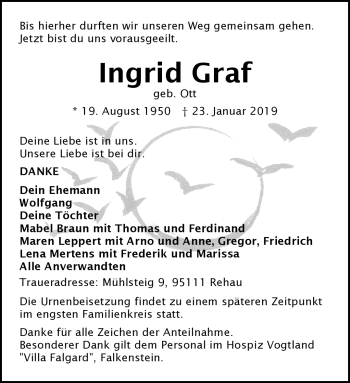 Traueranzeige von Ingrid Graf von Frankenpost