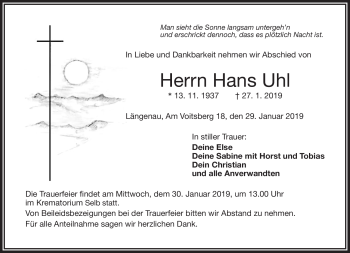 Traueranzeige von Hans Uhl von Frankenpost