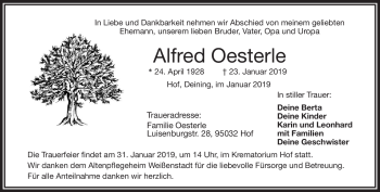 Traueranzeige von Alfred Oesterle von Frankenpost