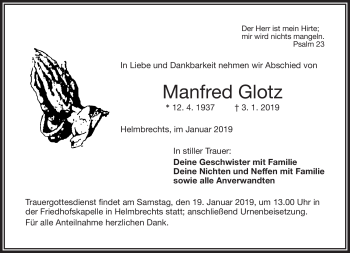 Traueranzeige von Manfred Glotz von Frankenpost