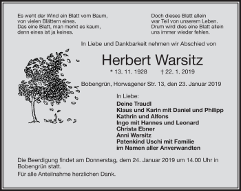 Traueranzeige von Herbert Warsitz von Frankenpost