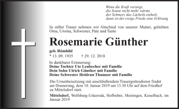 Traueranzeige von Rosemarie Günther von Südthüringer Presse