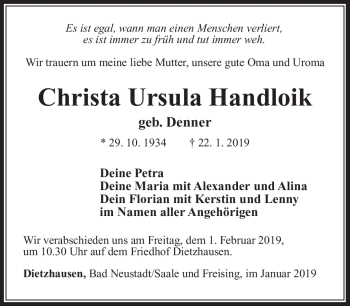 Traueranzeige von Christa Ursula Handloik von Südthüringer Presse