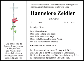 Traueranzeige von Hannelore Zeidler von Neue Presse Coburg