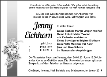 Traueranzeige von Jenny Eichhorn von Südthüringer Presse