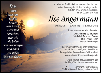 Traueranzeige von Ilse Angermann von Südthüringer Presse