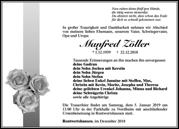 Traueranzeige von Manfred Zöller von Südthüringer Presse
