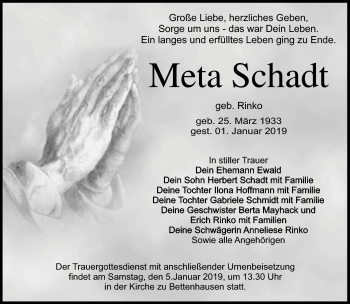 Traueranzeige von Schadt Meta von Südthüringer Presse