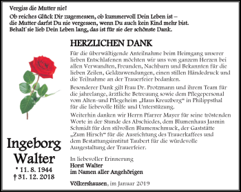 Traueranzeige von Ingeborg Walter von Südthüringer Presse