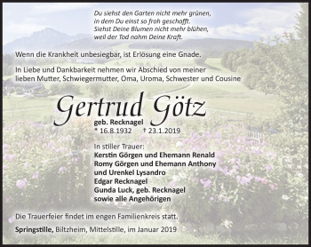 Traueranzeige von Gertrud Götz von Südthüringer Presse