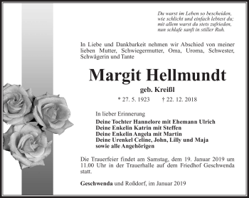 Traueranzeige von Margit Hellmundt von Südthüringer Presse