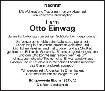Traueranzeige von Otto Einwag von Neue Presse Coburg