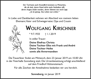 Traueranzeige von Wolfgang Kirschner von Südthüringer Presse