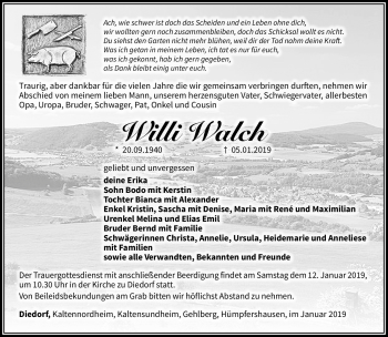 Traueranzeige von Willi Walch von Südthüringer Presse