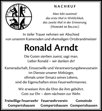 Traueranzeige von Ronald Arndt von Südthüringer Presse