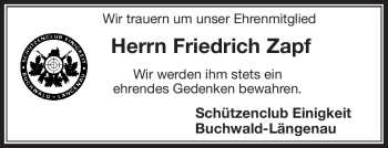 Traueranzeige von Friedrich Zapf von Frankenpost