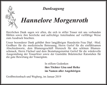 Traueranzeige von Hannelore Morgenroth von Südthüringer Presse
