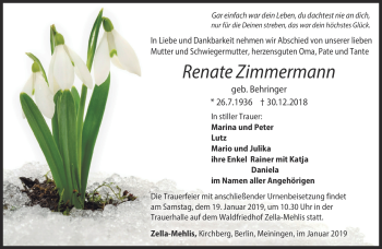 Traueranzeige von Renate Zimmermann von Südthüringer Presse