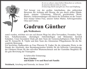 Traueranzeige von Gudrun Günther von Südthüringer Presse
